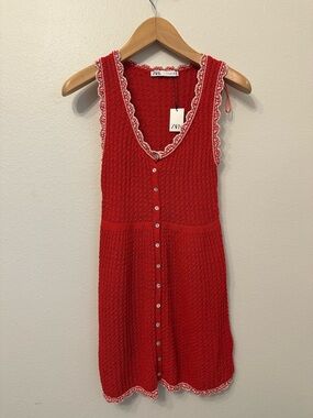 Zara Red Crochet Button-Front Knit Dress with White Trim